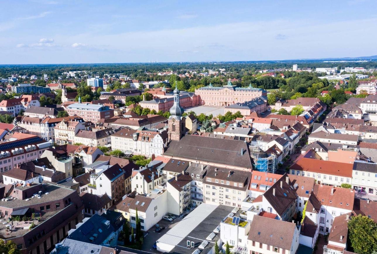 Aerial view of the city center with Rastatt Castle