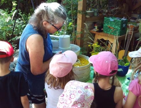 Kinder der Kindertagesstätte mit „Kräuterfrau“ Marianne Groß.