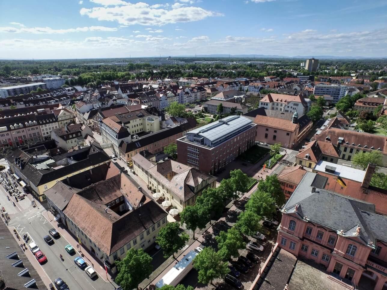 Rastatt from above. Herrenstraße town hall looking towards the tower block.