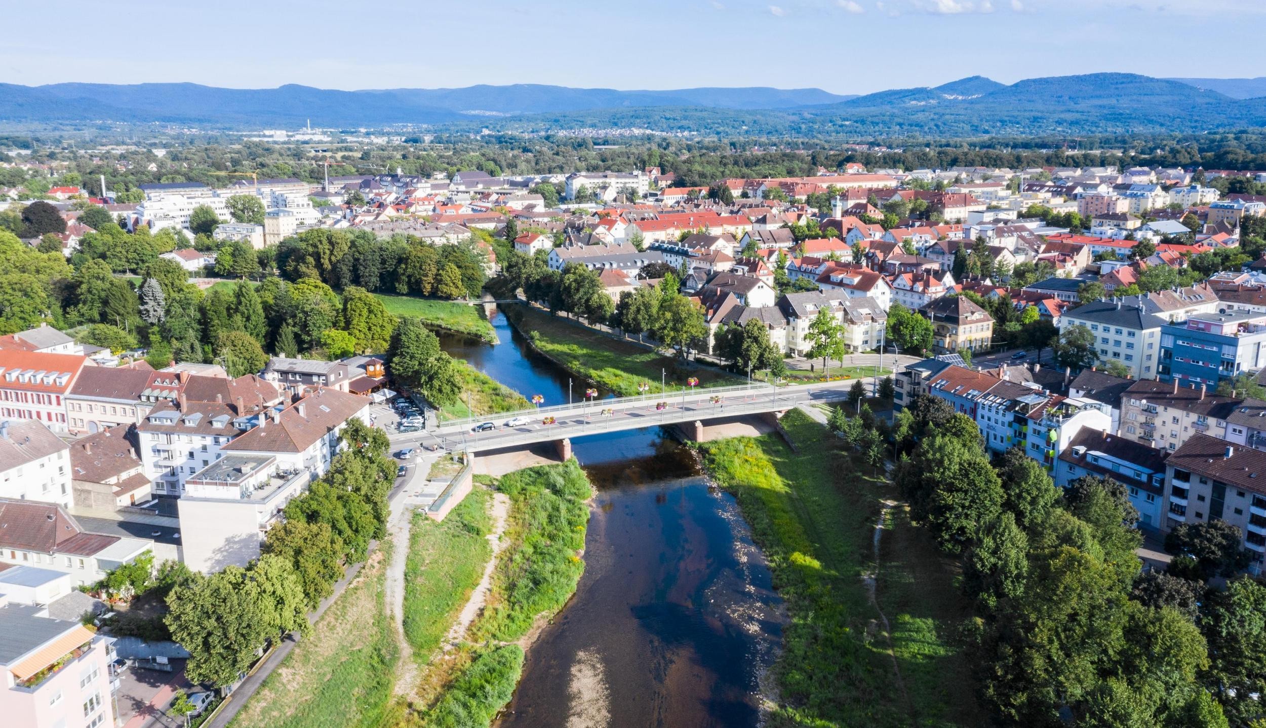 Aerial view Rastatt with Murg and the city center
