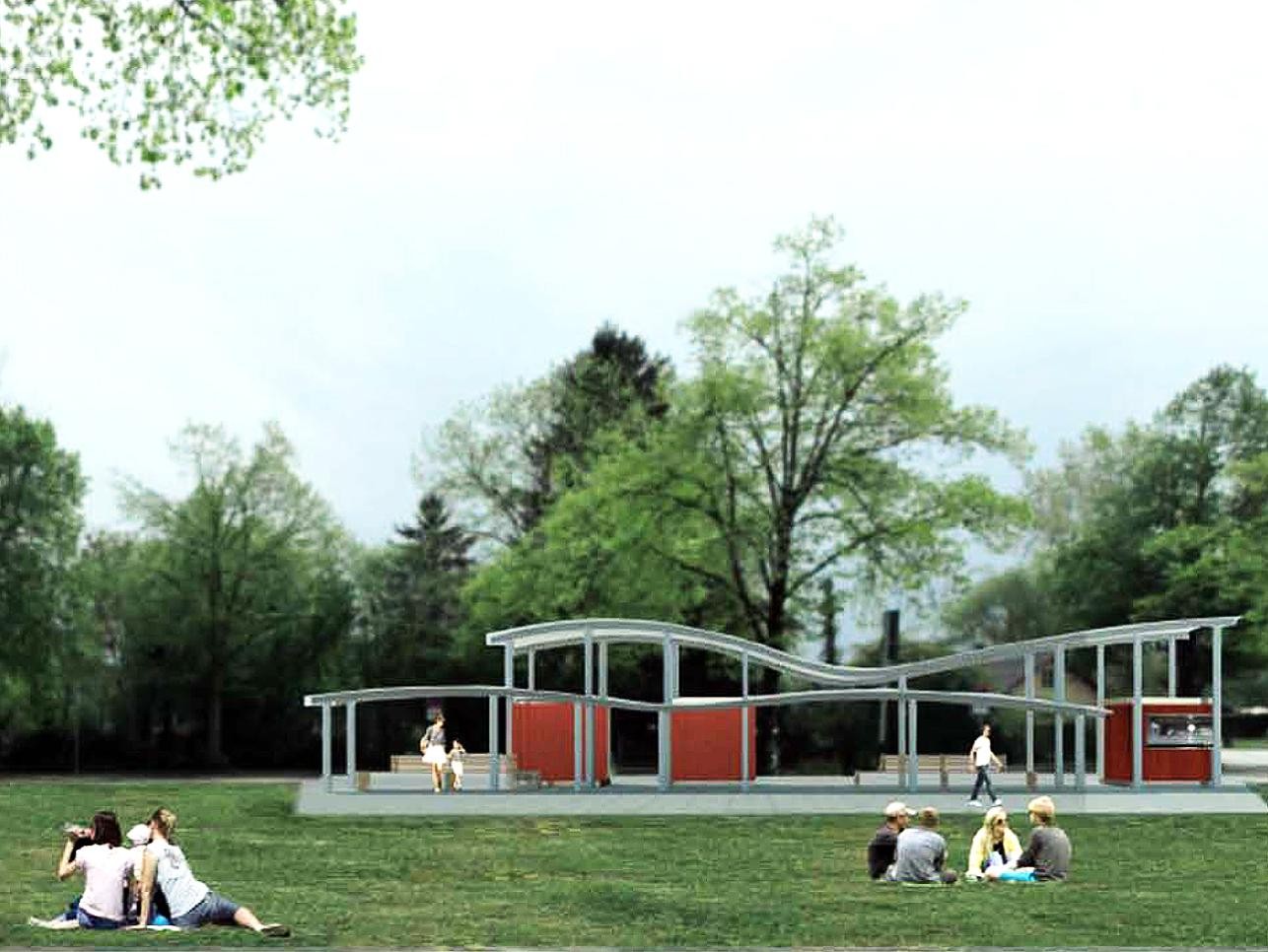 Zeichnung künftiger Besucherpavillon an der Rheinpromenade mit einer Wise und Menschen, die picknicken.