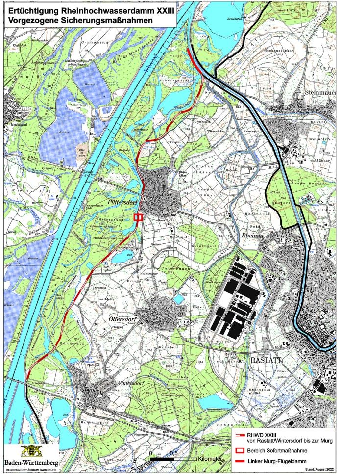 Plan zur Sanierung des Rheinhochwasserdamm XXIII mit Rheinverlauf, Feldern und Wäldern