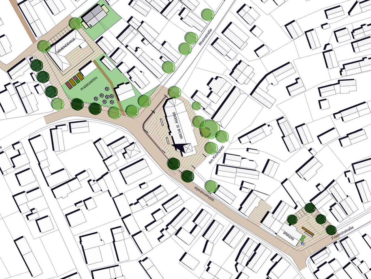 Grafik Ortsmitte Ottersdorf mit Straßen, Bäumen und Häusern