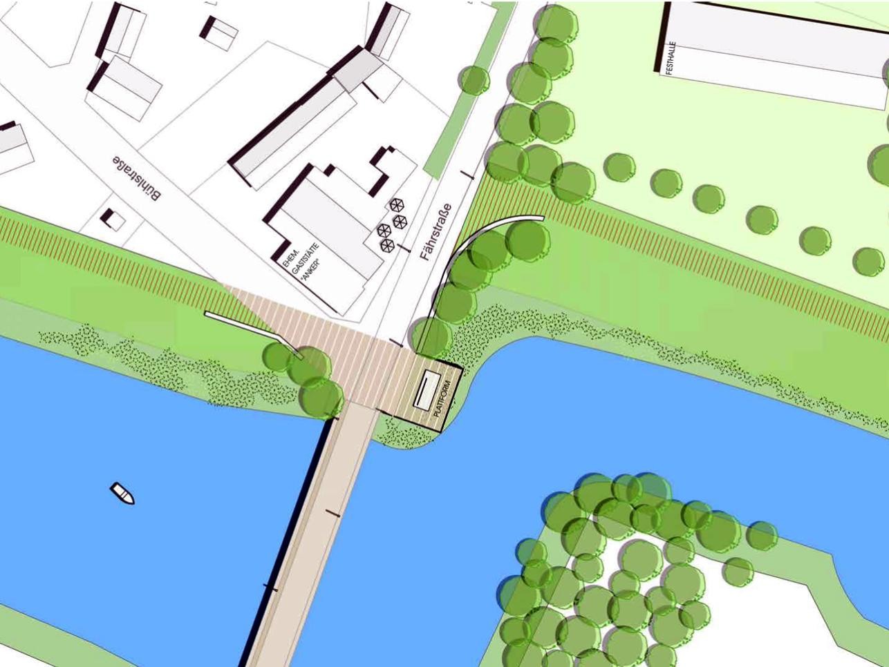 An der Plittersdorfer Ankerbrücke ist eine Plattform mit Sitzgelegenheiten geplant. Grafik: Gerhardt.stadtplaner.architekten Grafik der Plittersdorfer Ankerbrücke und Fährstraße mit Altrhein, Häusern und Bäumen