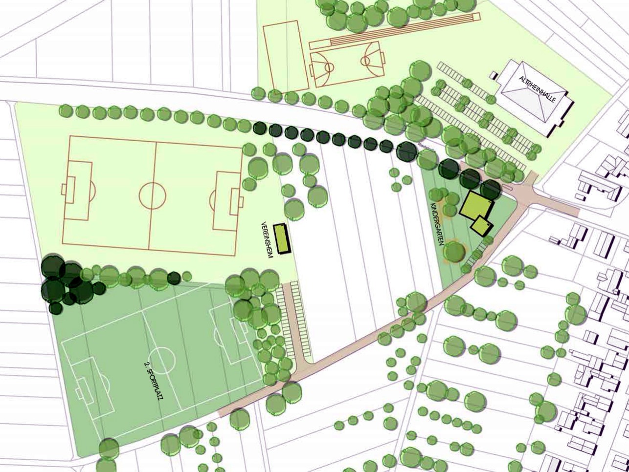 Graphique : Plan de l'entrée sud de Plittersdorf avec les rues, les maisons et les arbres