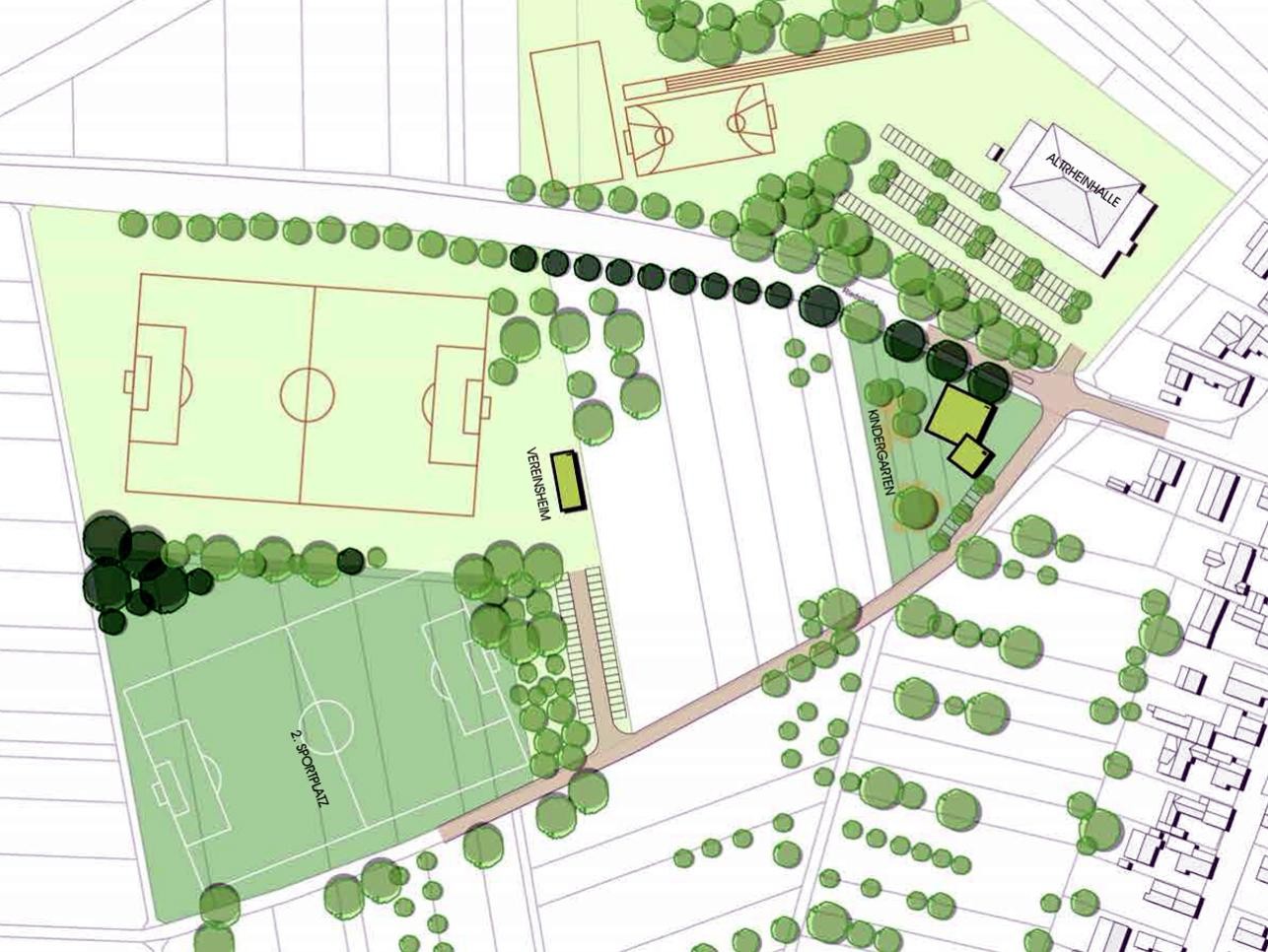 Grafik: Plan des südlichen Ortseingangs von Plittersdorf mit Straßen, Häusern und Bäumen