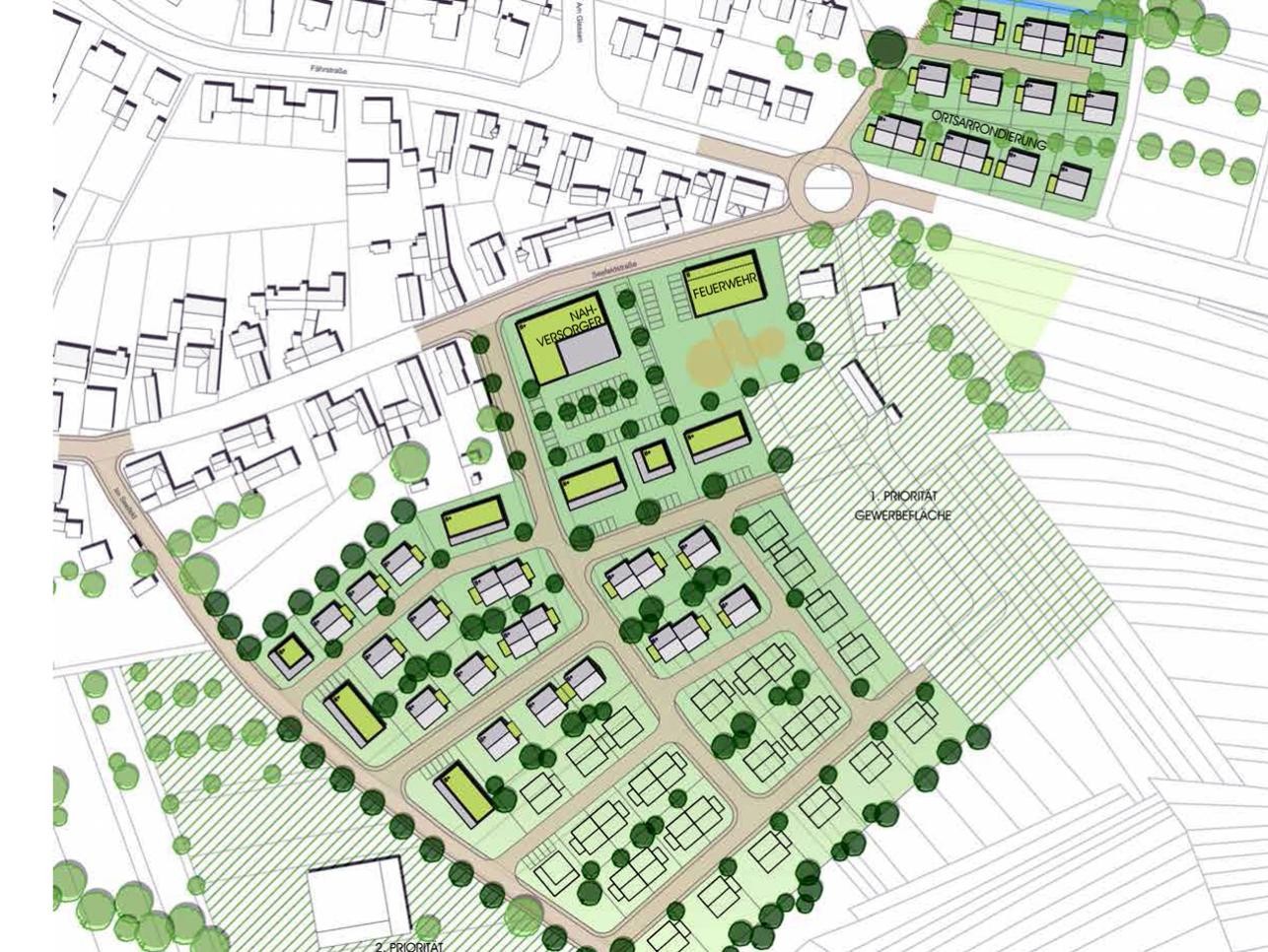 Design plan for the southern edge of Plittersdorf with streets, trees and houses