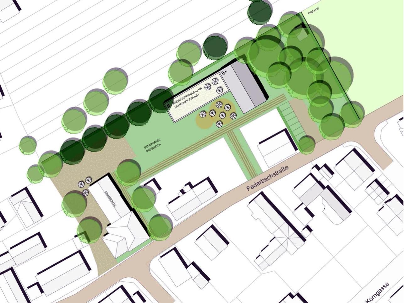 Plan neues Bildungszentrum Rauental mit Straßen, Häusern und Bäumen