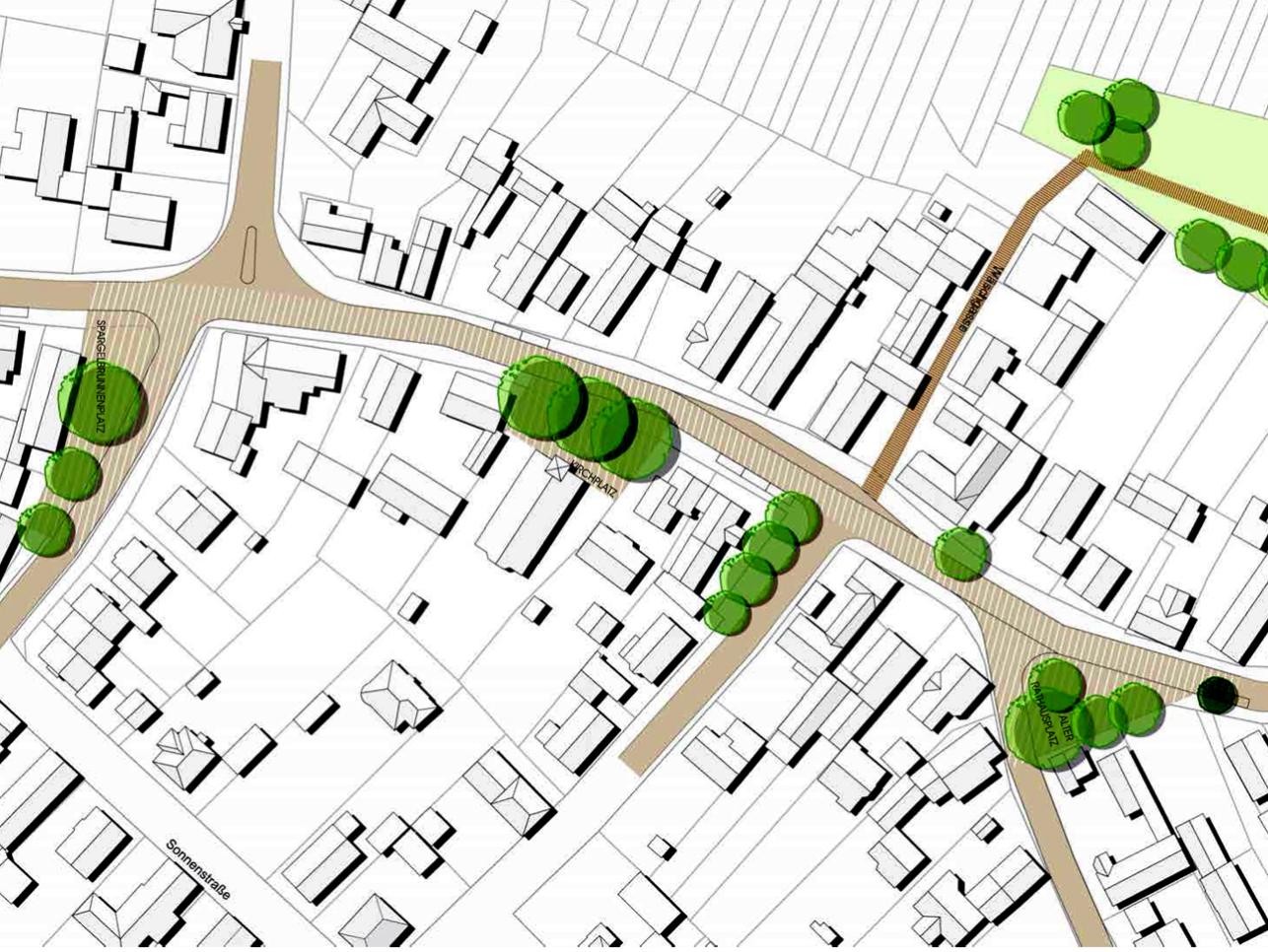 Plan Hauptstraße Rauental mit Straßen, Häusern und Bäumen.