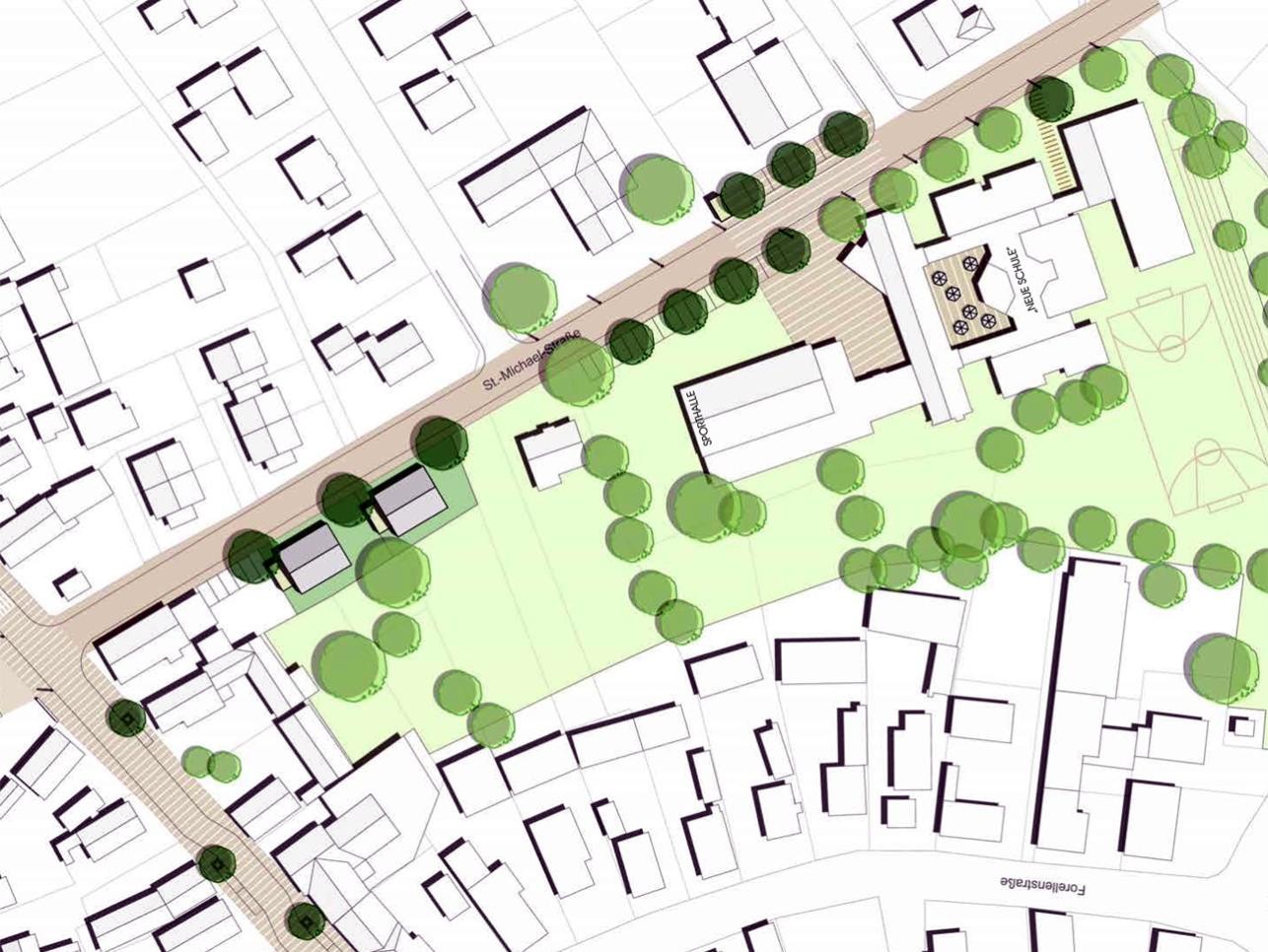 Plan school Wintersdorf with streets, houses and trees.