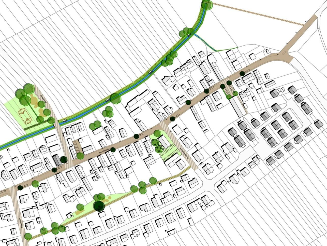 Plan de la nouvelle Favoritenstrasse à Förch avec des champs, des maisons et des arbres