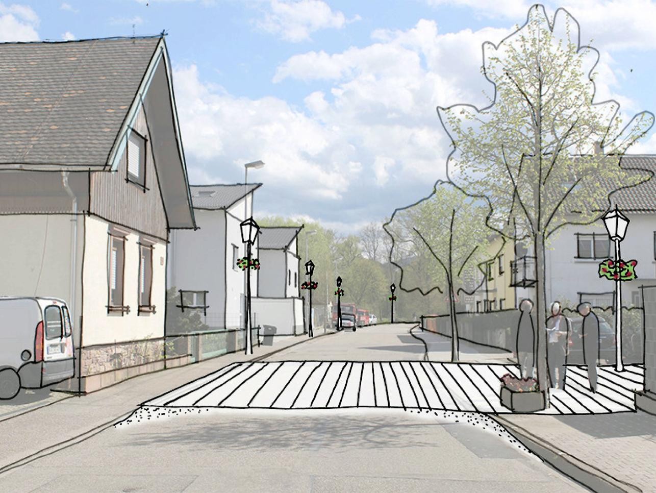 Zeichnung neue Favoritestraße in Förch mit Häusern einem Zebrastreifen und Bäumen