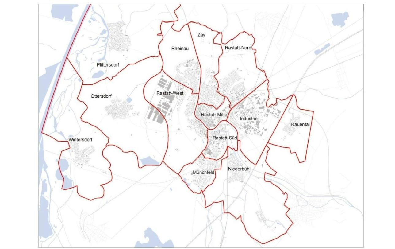 Carte de Rastatt avec ses quartiers et localités