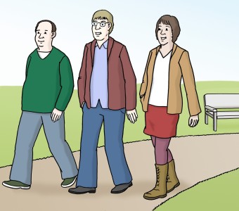 Zeichnung von zwei Männern und einer Frau, die spazieren gehen