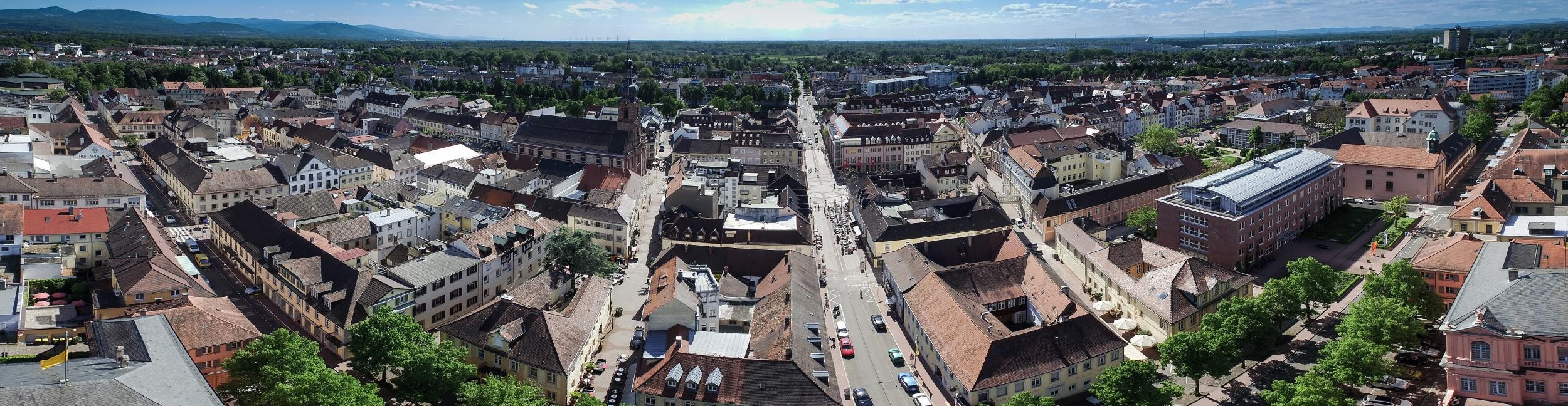 Aerial view of Rastatt city center from above.