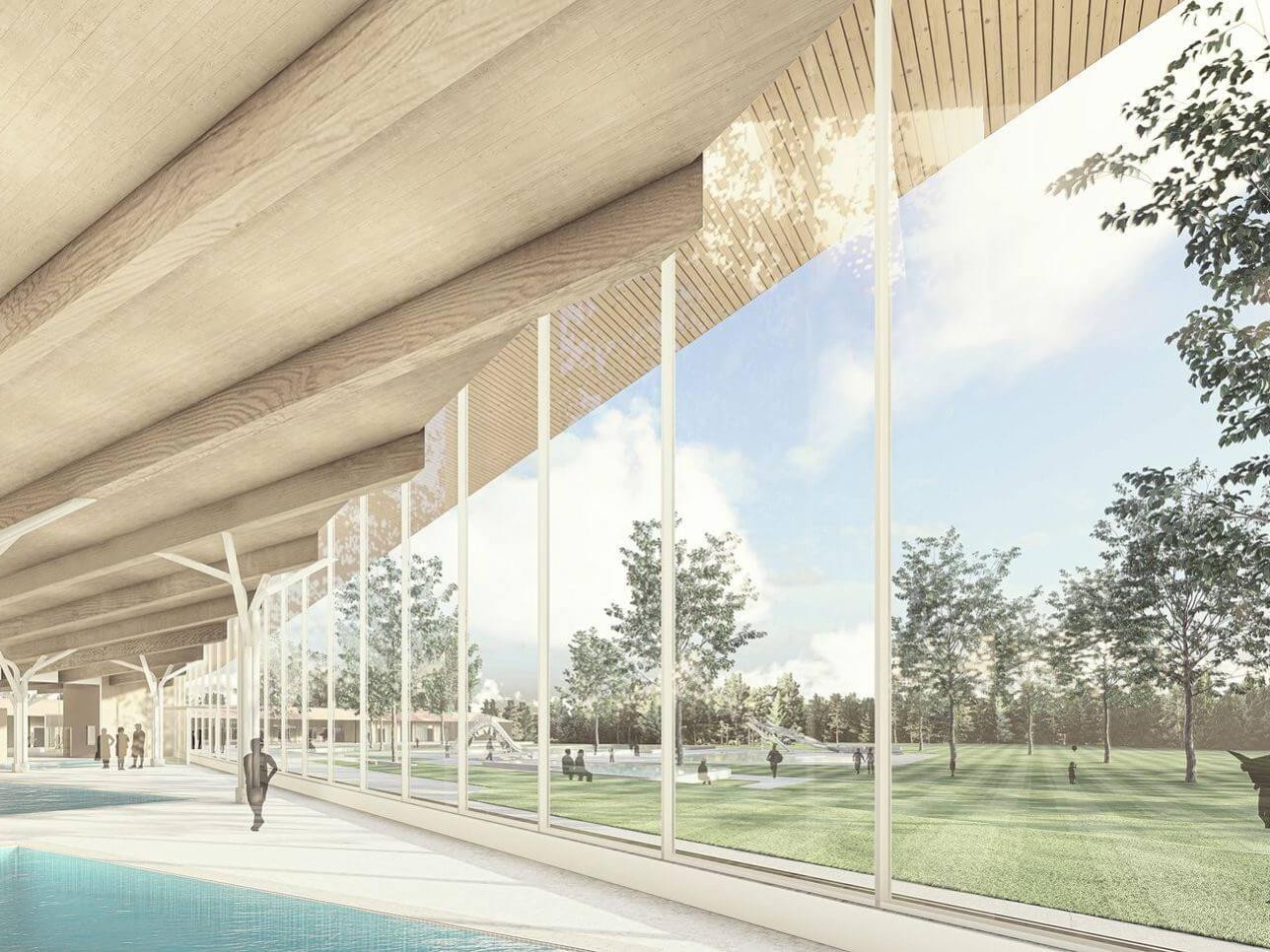Entwurf neues Kombibad mit Schwimmbecken und Blick auf die Wiese