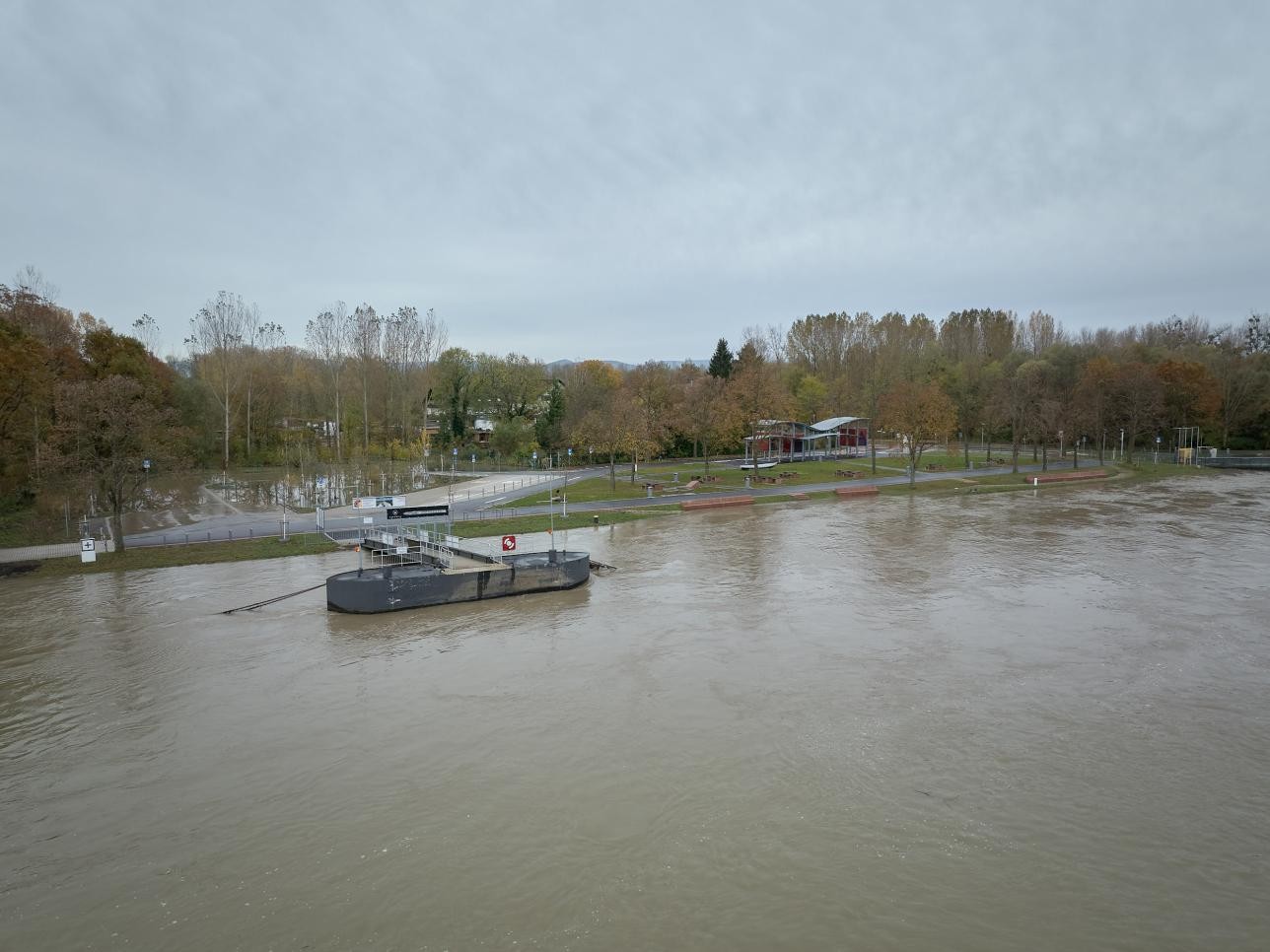 Überschwemmte Rheinpromenade in Plittersdorf