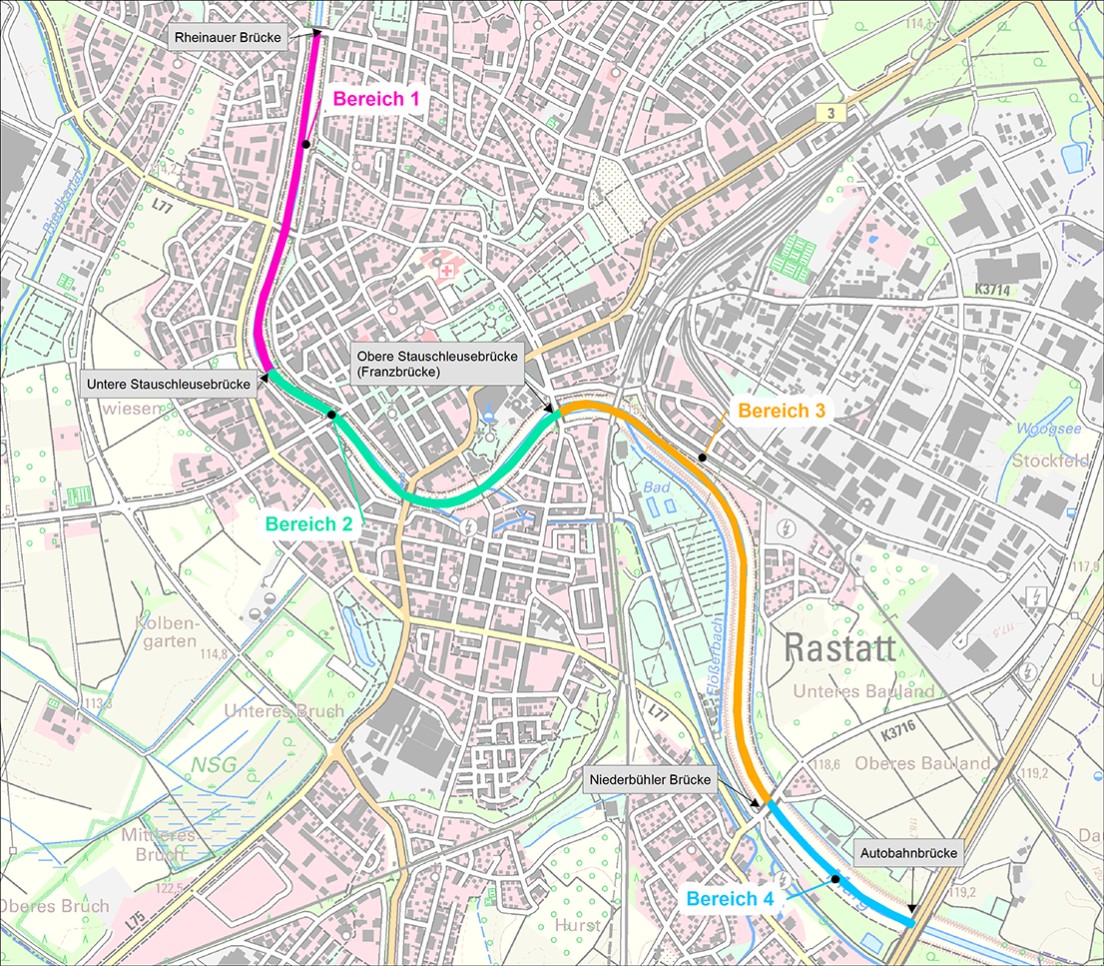 map with sections of the Murg flood protection measures in the urban area