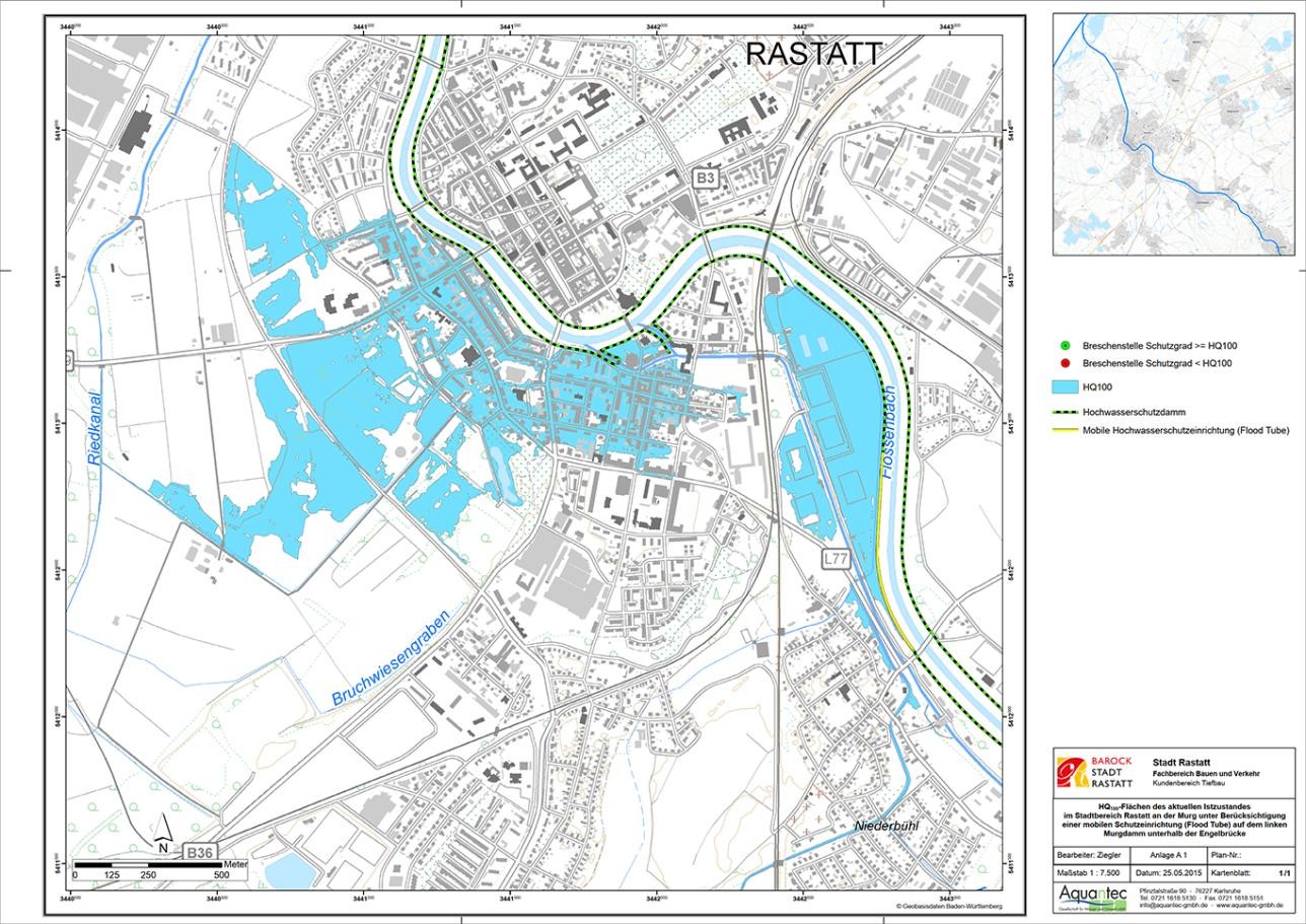 Rastatt city center map with floodplains of the Murg river