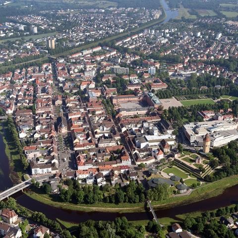 Aerial view of Rastatt city center with Murg
