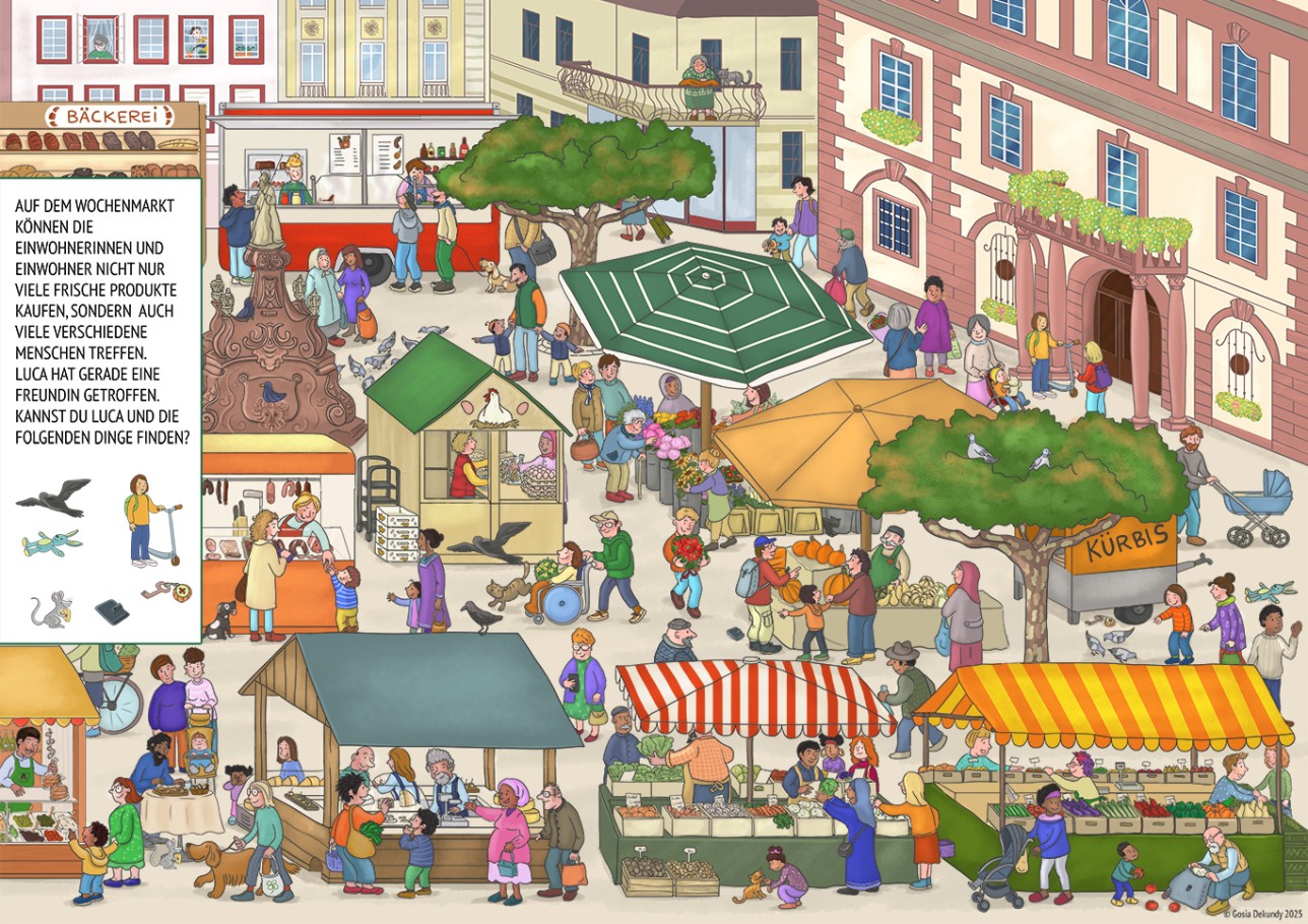 Wimmelbuch: Seite Marktplatz mit Wochenmarkt