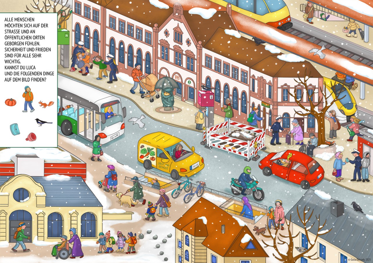 Wimmelbuch: Wintertag am Bahnhof.