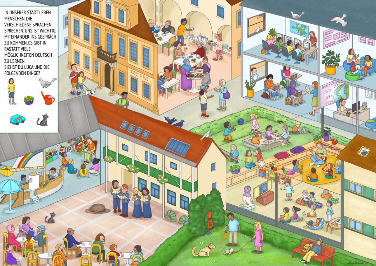 Wimmelbuch: Musikschule, Spielplatz und Wohnungen in Rastatt