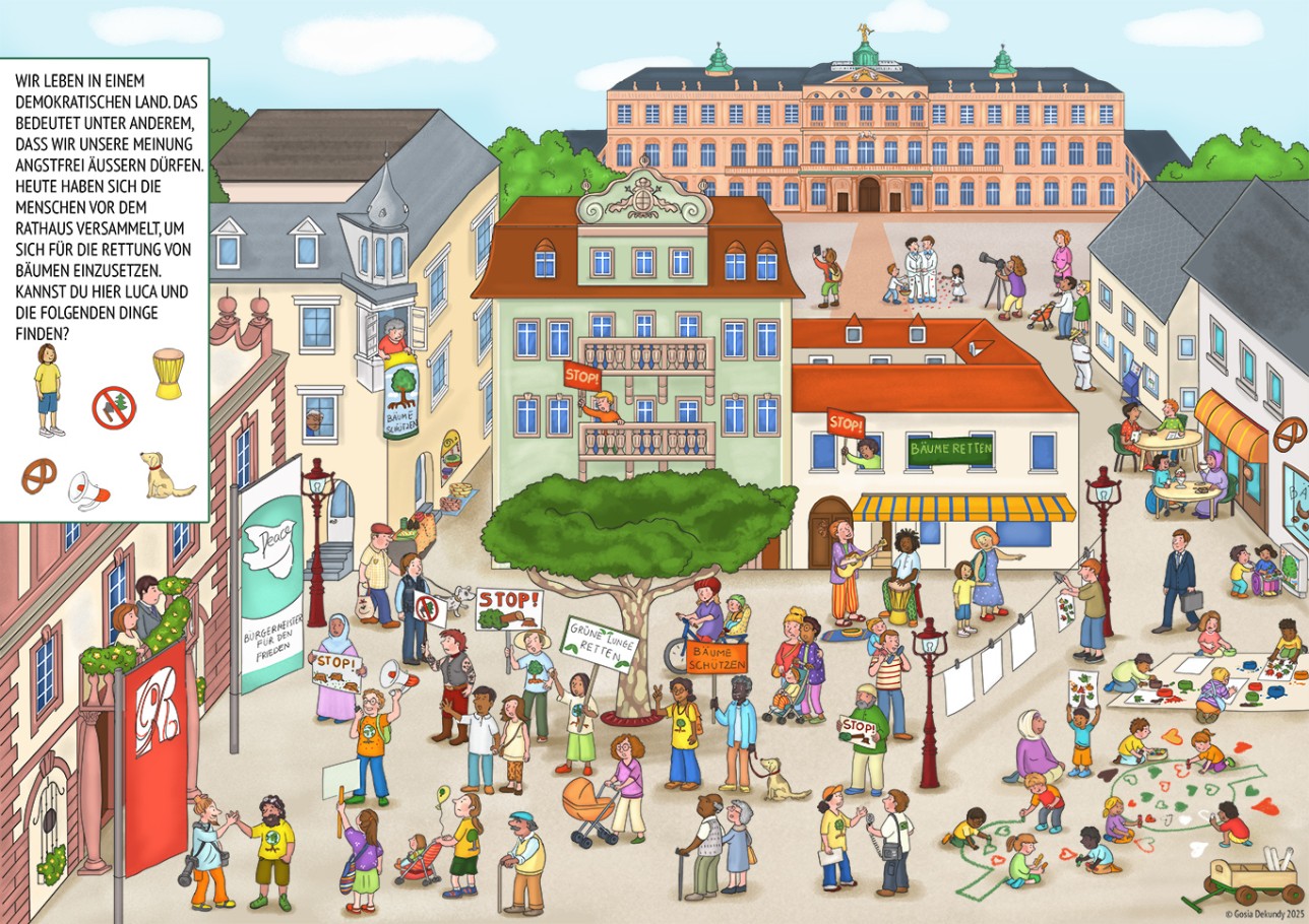 Wimmelbuch: Protestaktion für Bäume auf dem Marktplatz in Rastatt