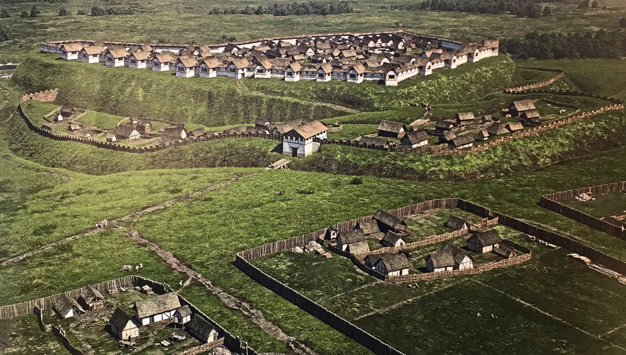 Die digitale Rekonstruktion der Heuneburg in Oberschwaben zeigt eine bedeutende befestigte keltische Siedlung. In der Hallstadtzeit um 600 v. Chr. entstand hier ein sogenannter Fürstensitz. Dicht gedrängt lebten die Bewohner auf dem Plateau.