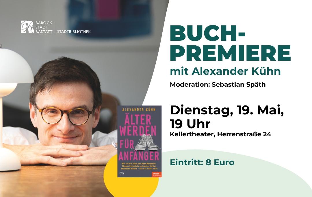 Alexander Kühn lächelt, daneben das Cover seines Buches "Älter werden für Anfänger"