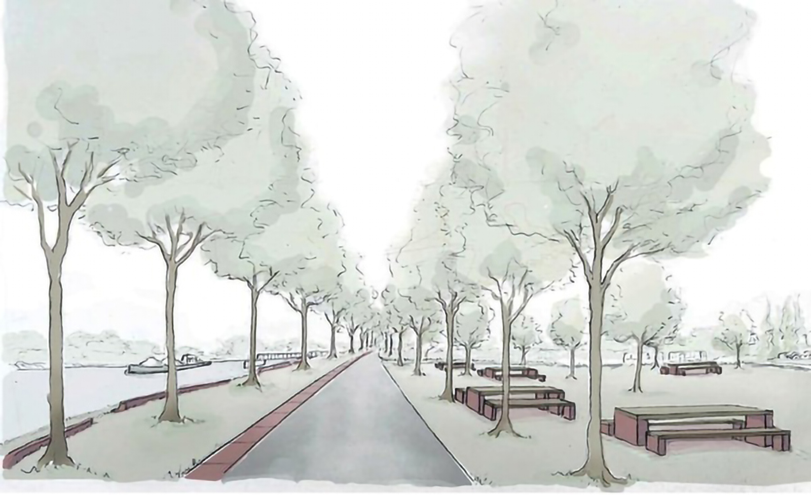 Zeichnung neuer Uferbereich an der Rheinpromenade in Plittersdorf. Bäume säumen einen Weg und Sitzbänke